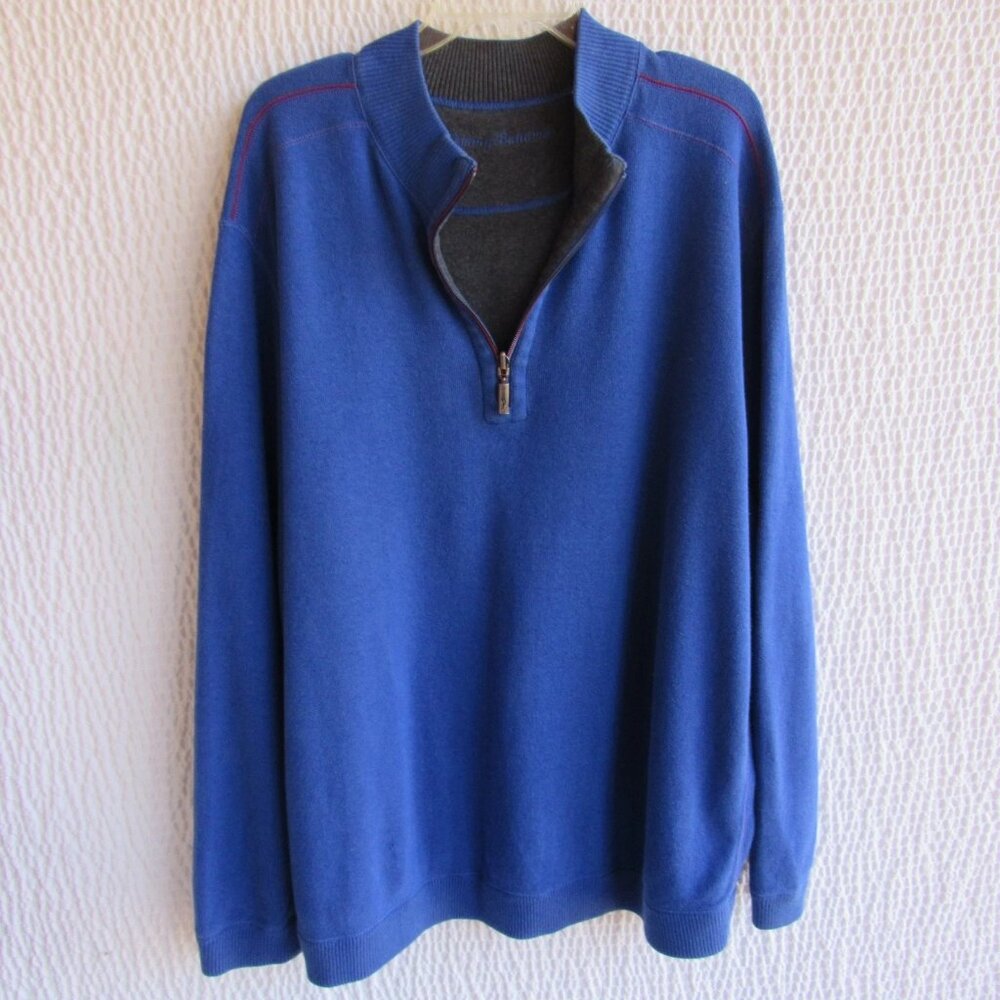 Tommy Bahama Mens Blue Flipside Gray Reversible Quarter Zip Pullover Sweater XXL